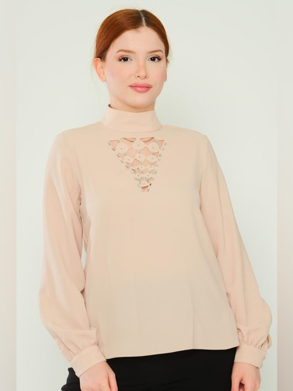 High Neck Blush Cream Lace Cutout Blouse